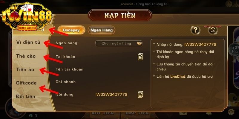 Nạp tiền IWIN68 đơn giản qua các hình thức